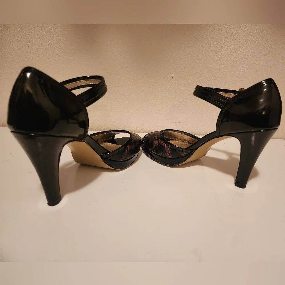 Anne Klein Etenia Leopard Print Black Patent Leather Open Toe Shoes Women's 7m - Picture 5 of 6
